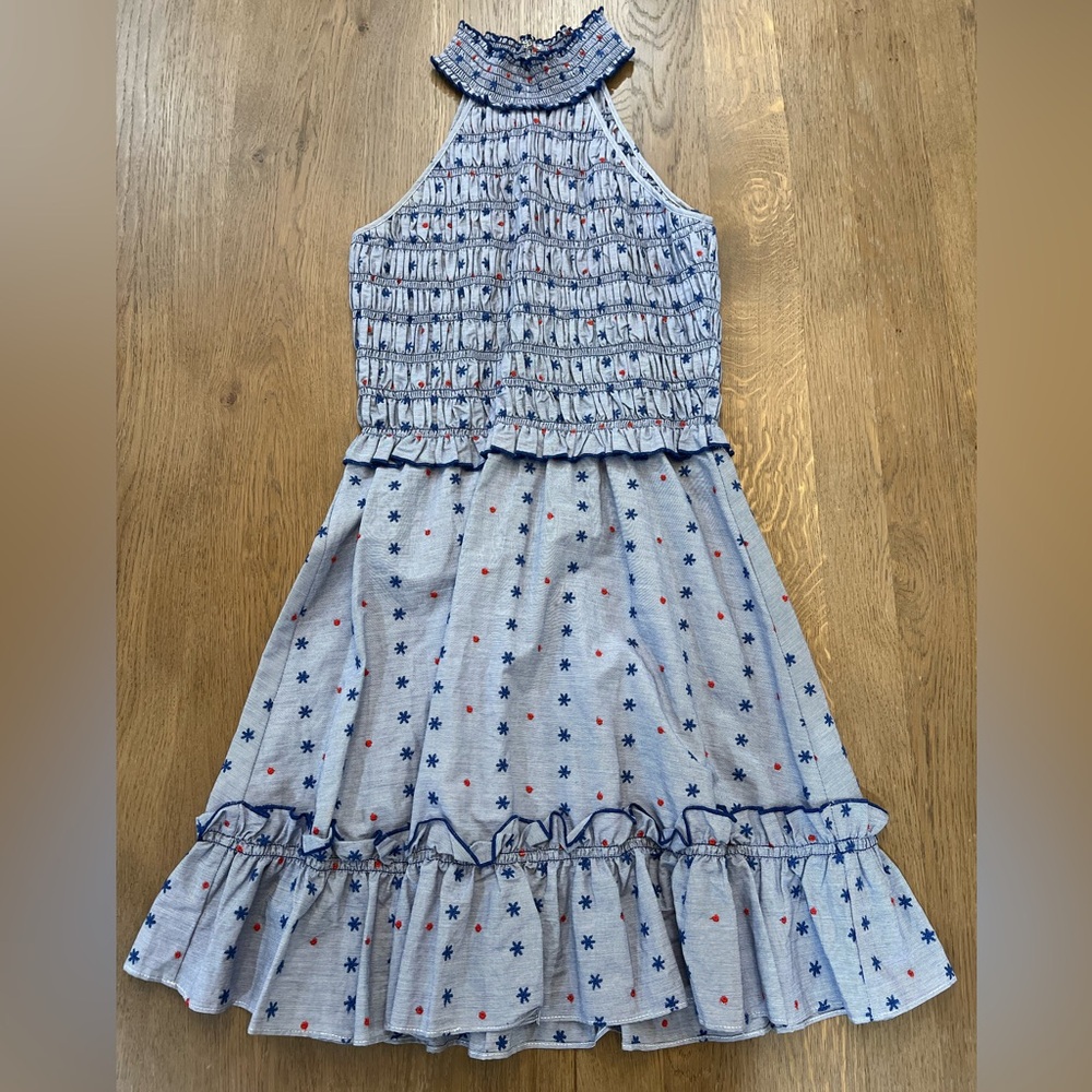 Parker NY 4th of July Dress. High Neck Halter Dress with Ruffle Hem, Size Small.